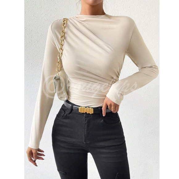 Ruched Asymmetric Beige Long Sleeve Bodysuit Slim Fit - Picture 8 of 8